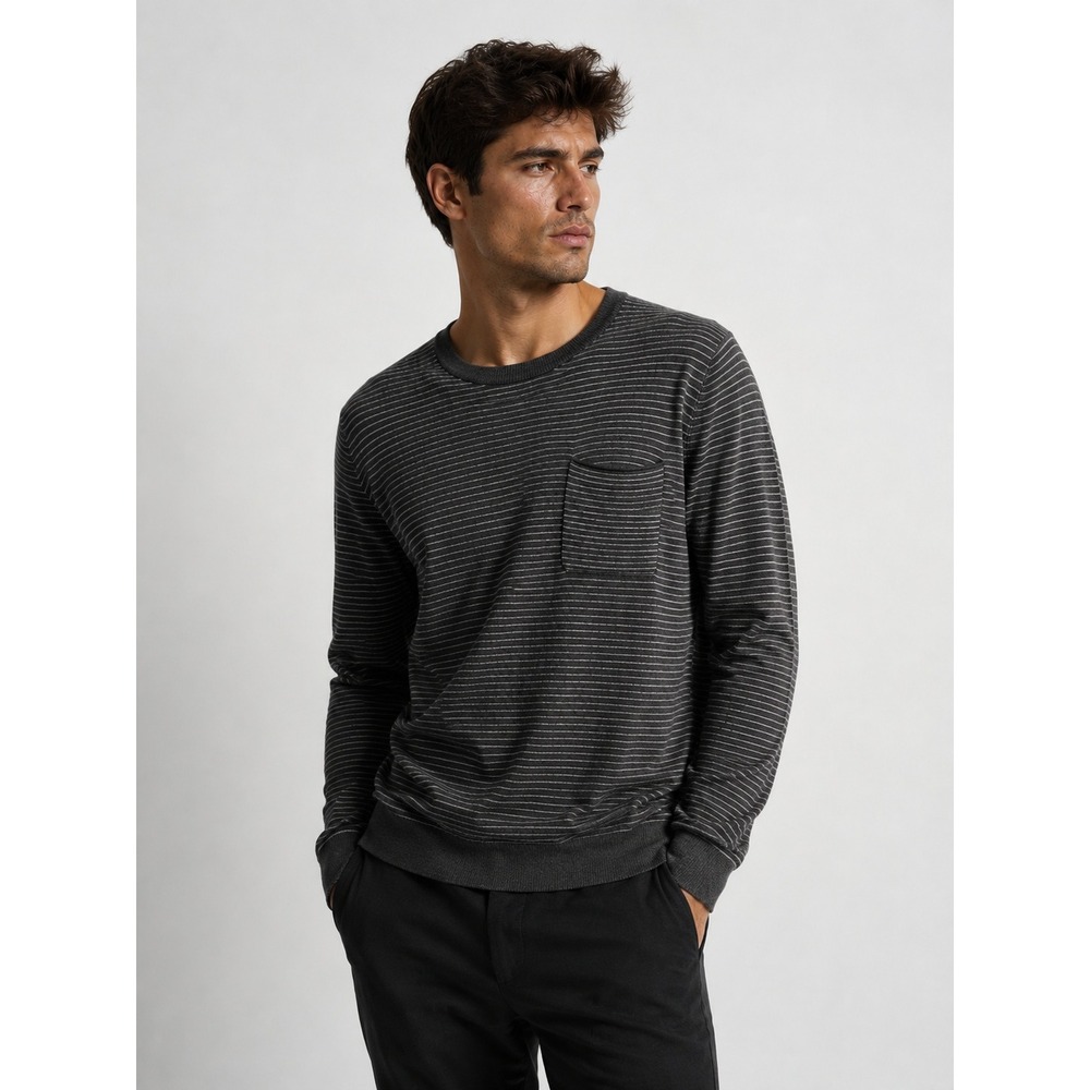 Theory Mens Striped Crew Neck Cotton Cashmere Blend Sweater Charcoal Gray L